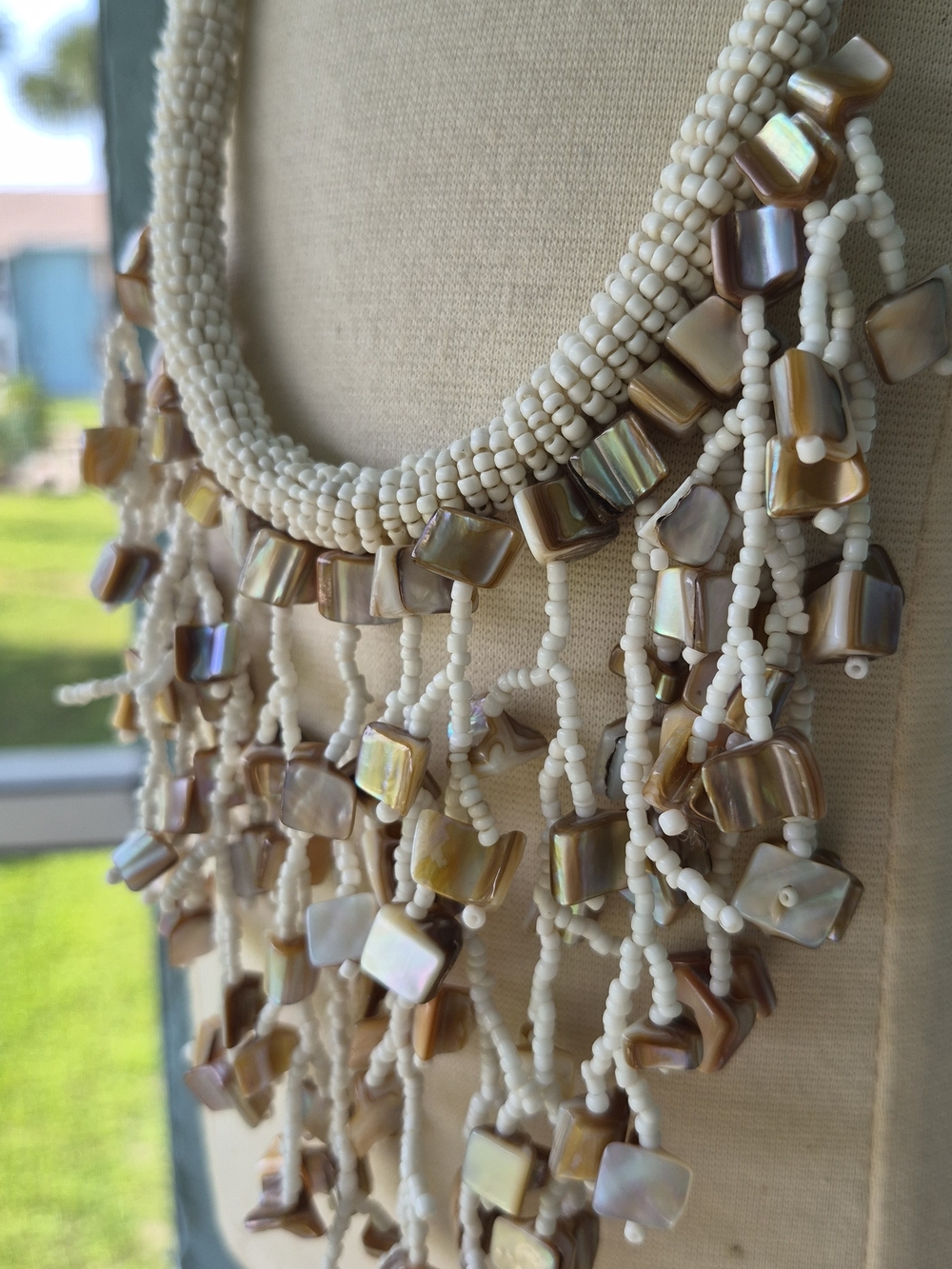 VTG Boho Bib Statement Necklace W/Natural Mother Of Pearl Beads